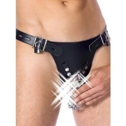 Leder-Keuschheitsgürtel Abschließbar Mit Peniskäfig, Schwarz